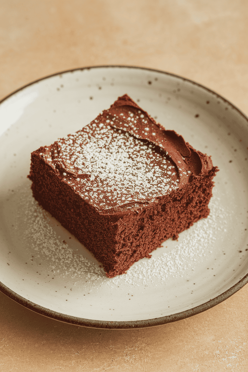 An indoor plate with a fudgy square of chocolate zucchini cake, a light dusting of powdered sugar on top. No text or logos. Photo.