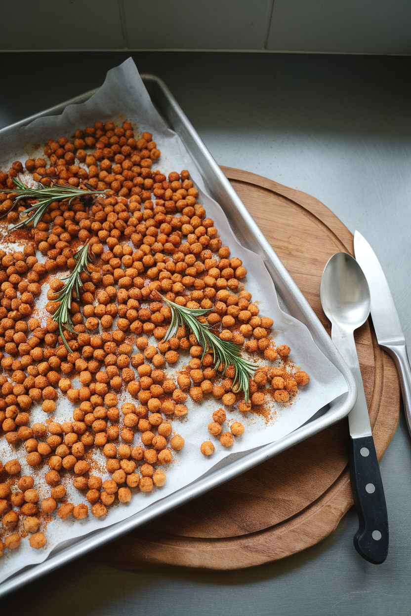 An indoor kitchen counter with a baking sheet of crispy roasted chickpeas seasoned with rosemary and paprika; overhead light, no text or branding.