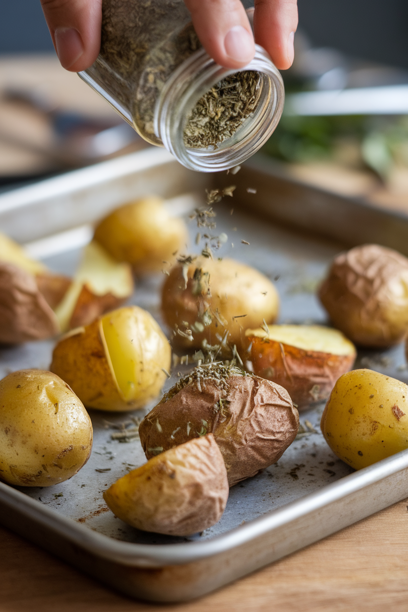 Indoor photo of a small jar of Herbs de Provence being sprinkled over roasted potatoes on a baking sheet; no text or logos