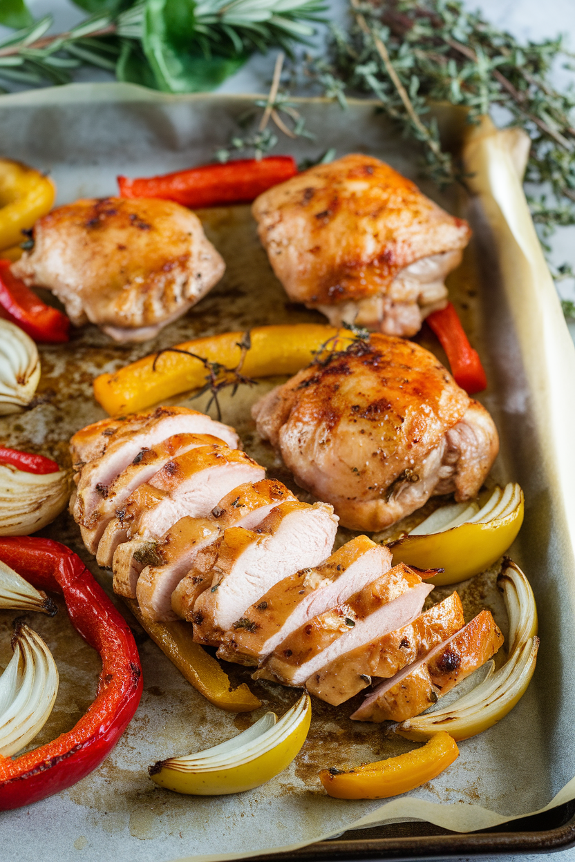 Indoor photo of a sheet pan lined with parchment, holding sliced cooked chicken thighs, roasted onions, and bell peppers, golden and glistening. No text or logos.