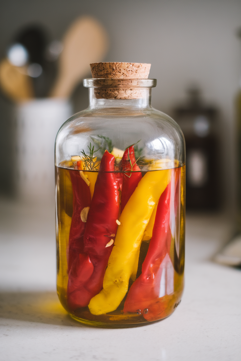 A glass jar on an indoor countertop filled with strips of cooked red, yellow, and orange peppers submerged in olive oil with garlic cloves. No text or logos. Photo, not illustration.