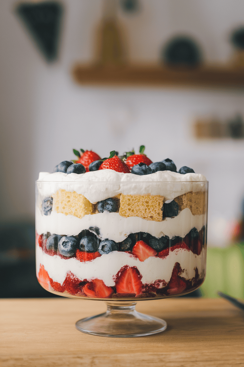 Photo of a clear trifle dish layered with whipped cream, blueberries, strawberries, and sponge cake, displayed indoors. No text or logos present.