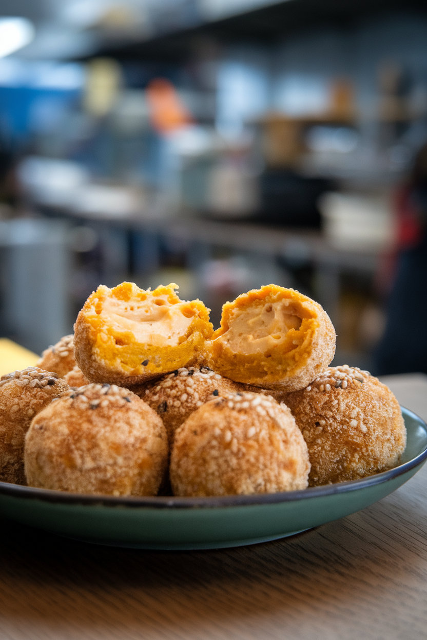 An indoor plate of breaded macaroni bites, one broken open revealing creamy pumpkin-gouda macaroni inside. No text or logos visible. Photo, not illustration.
