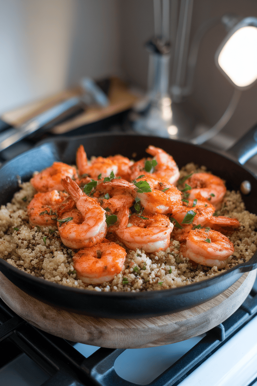 Indoor stove shot of a skillet with cooked harissa-coated shrimp served over fluffy quinoa. No text or branding in scene.