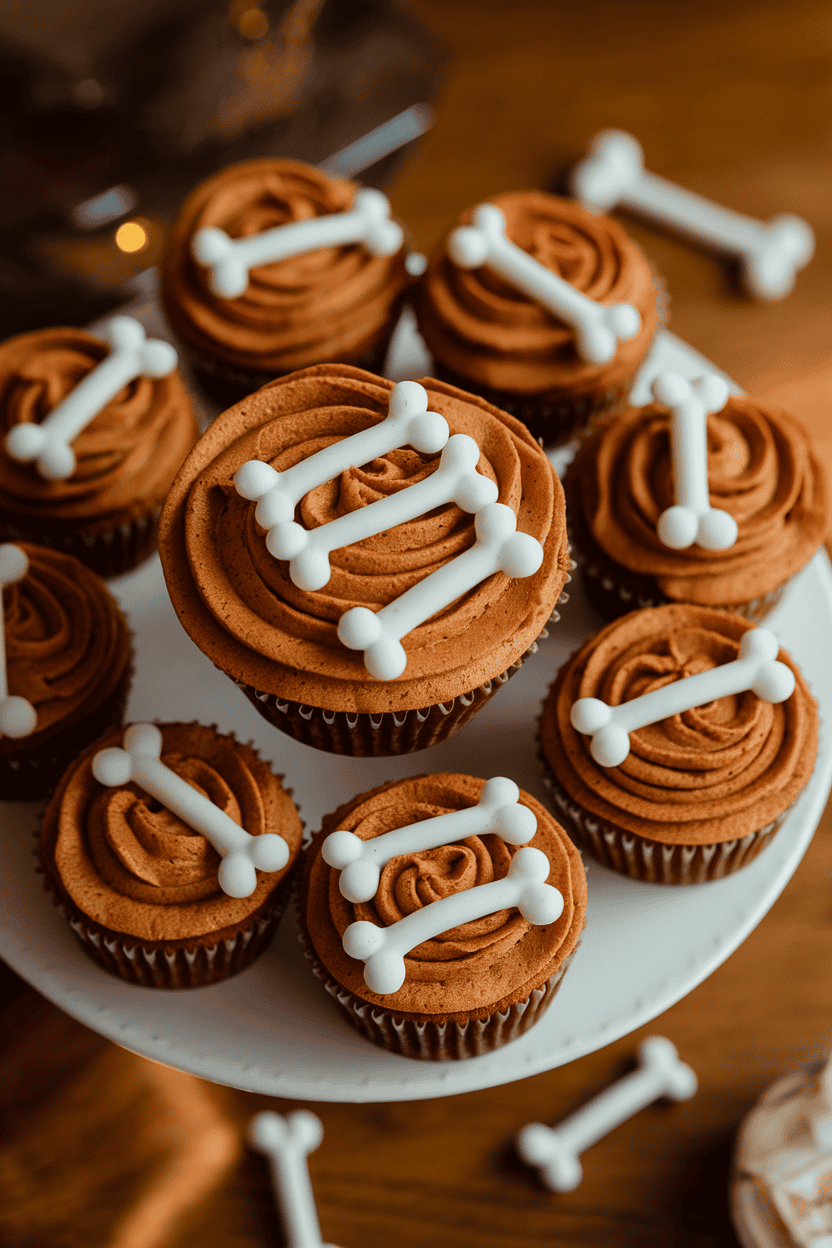 Warm indoor photo of cinnamon-sugar dusted cupcakes with white royal-icing skeleton bones piped over the surface; no text or logos
