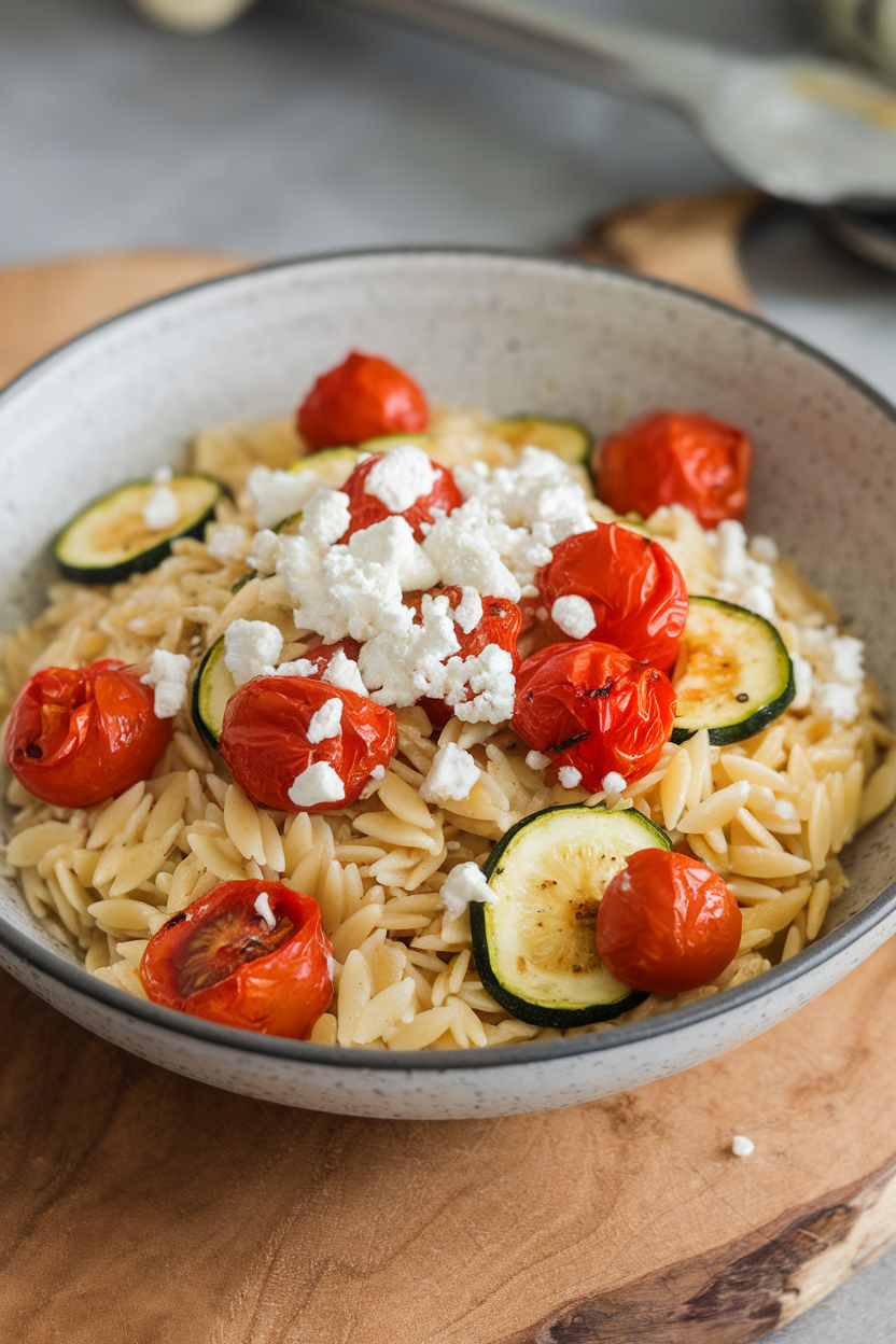 An indoor bowl of orzo pasta dotted with roasted cherry tomatoes, zucchini coins, and crumbled feta, tossed lightly in olive oil. No text or logos.