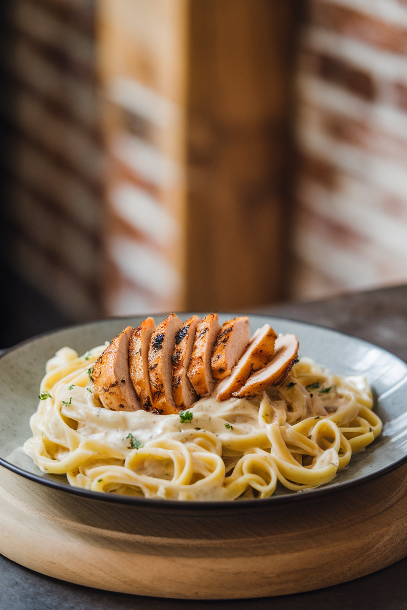 Indoor photo of fettuccine Alfredo twirled on a plate with sliced grilled chicken breast, parsley sprinkle. No text or logos.