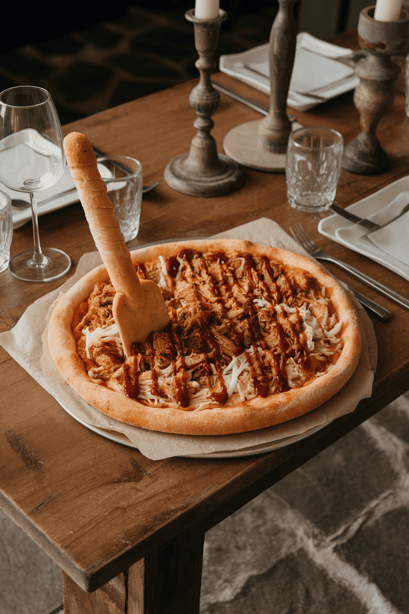 Rustic indoor table featuring a pulled-pork pizza with a “shovel” made of breadstick dough stuck into the crust. No text or logos.