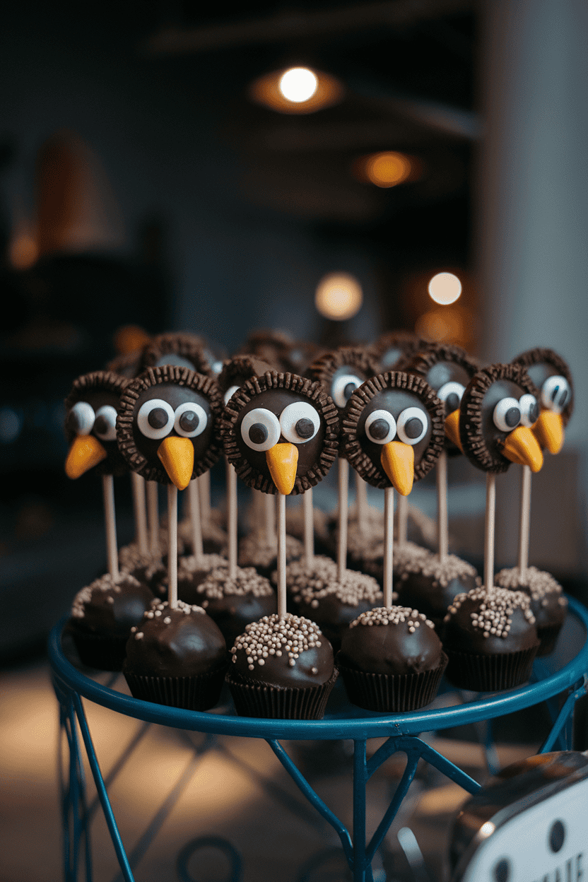Dark espresso cake pops with candy sunflower seed beaks and chocolate chip ear tufts, large white sprinkle eyes, indoor nighttime backdrop; no logos or text. Photo.