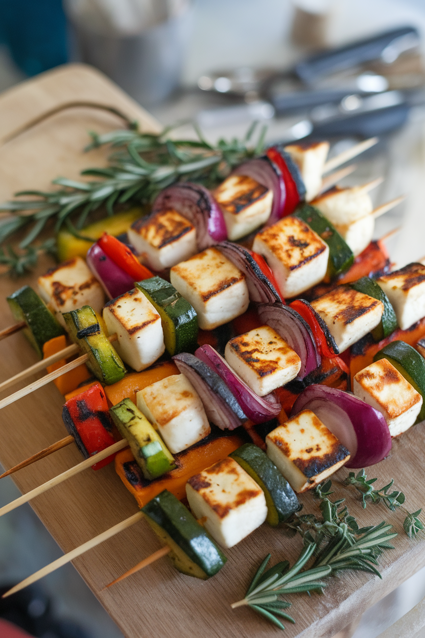 An indoor platter of skewered, cooked halloumi cubes alternating with grilled zucchini, bell peppers, and red onion. No branding or words; photography only.
