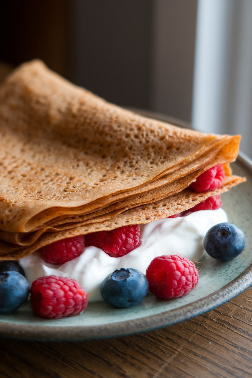 Photo of thin buckwheat crêpes folded and filled with Greek yogurt and fresh berries, shot indoors on a ceramic plate. No text or logos present.