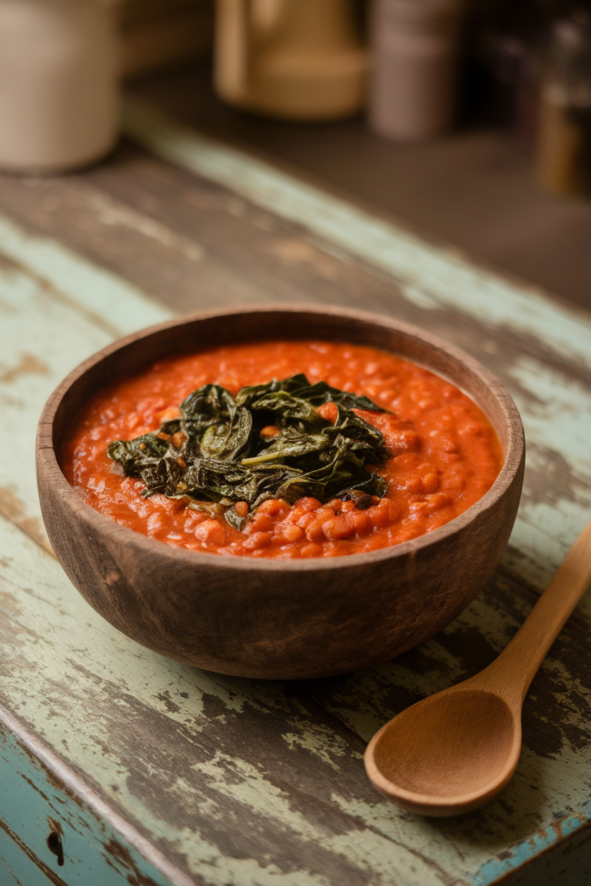 An indoor kitchen table photo of a rustic bowl of warm red lentil and tomato soup topped with wilted spinach, steam rising gently, no text or logos.