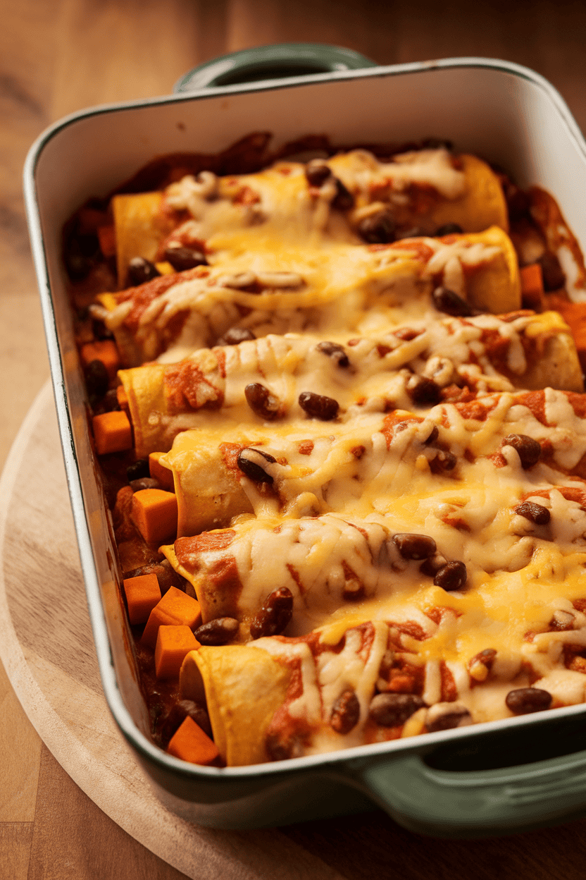 Indoor photo of a casserole dish with cheesy enchilada bake, portions cut to reveal sweet potato cubes and black beans, no text or logos.
