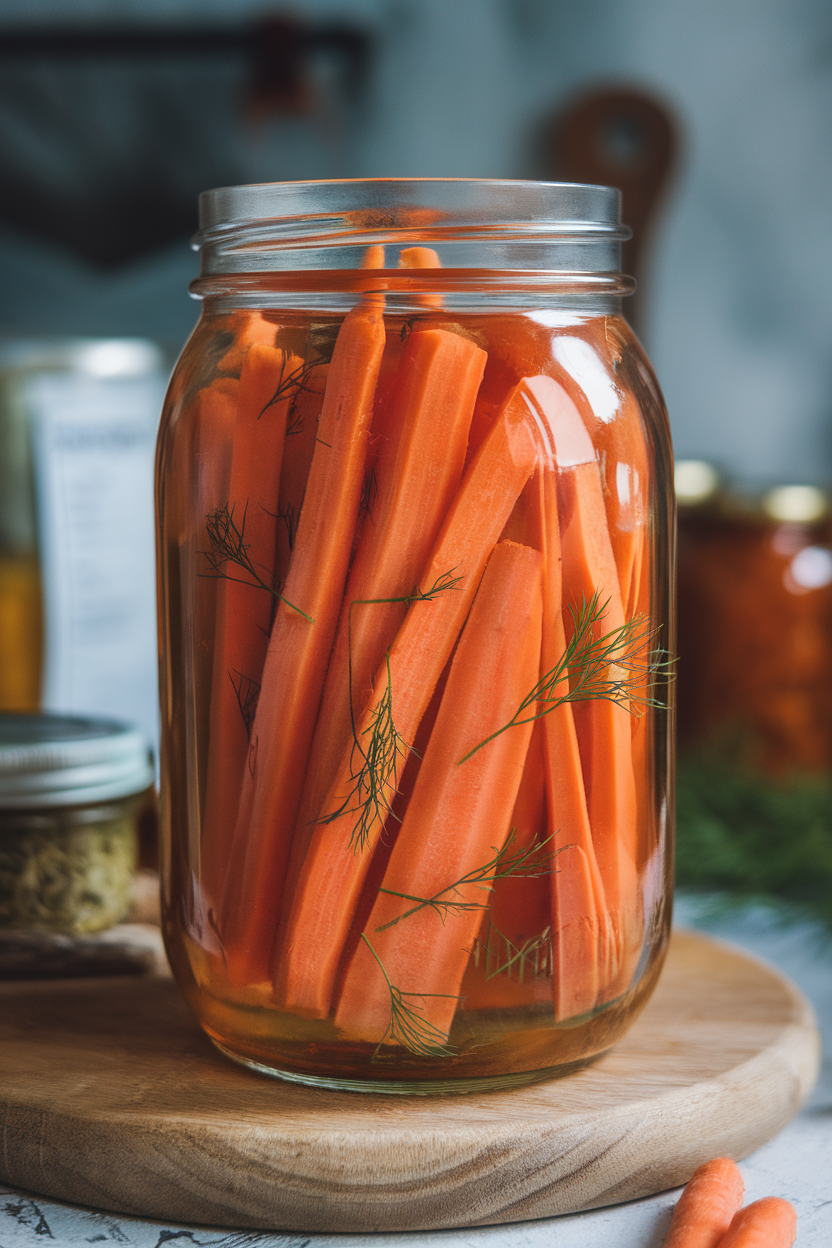 Indoor photo of a glass jar packed with orange carrot sticks submerged in brine, small dill sprigs visible inside the jar. Countertop scene, no text or logos.
