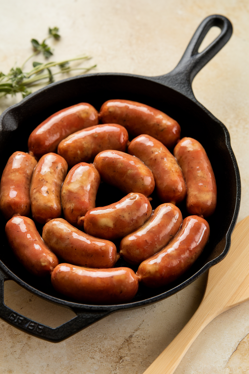Indoor photo of cocktail sausages coated in glossy apple cider glaze in a small cast-iron skillet; no text or logos.