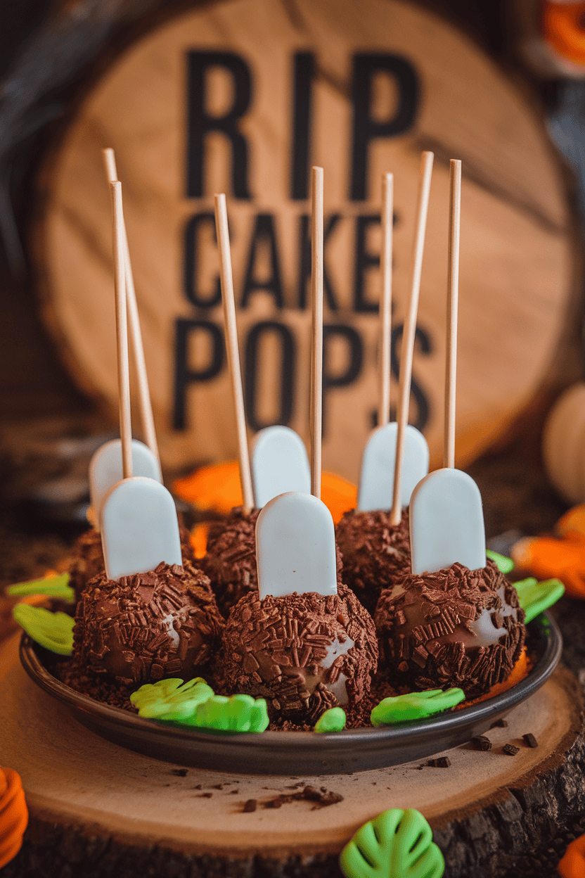 Chocolate-coated cake pops rolled in crushed chocolate cookie “dirt,” each with a small white candy tombstone stuck on top; indoor lighting, no logos. Photo.
