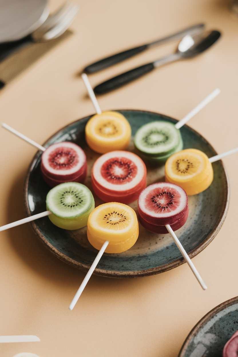 Indoor photo of several brightly colored lollipops made with fruit juice, sticks pointing outward on a ceramic plate, no text or logos.