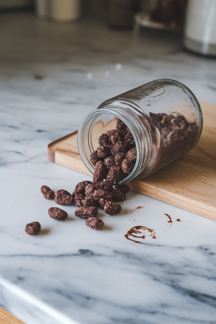 Indoor close-up of a glass jar tipped over, spilling dark chocolate–covered raisins onto a marble countertop. Soft lighting; no logos or text.