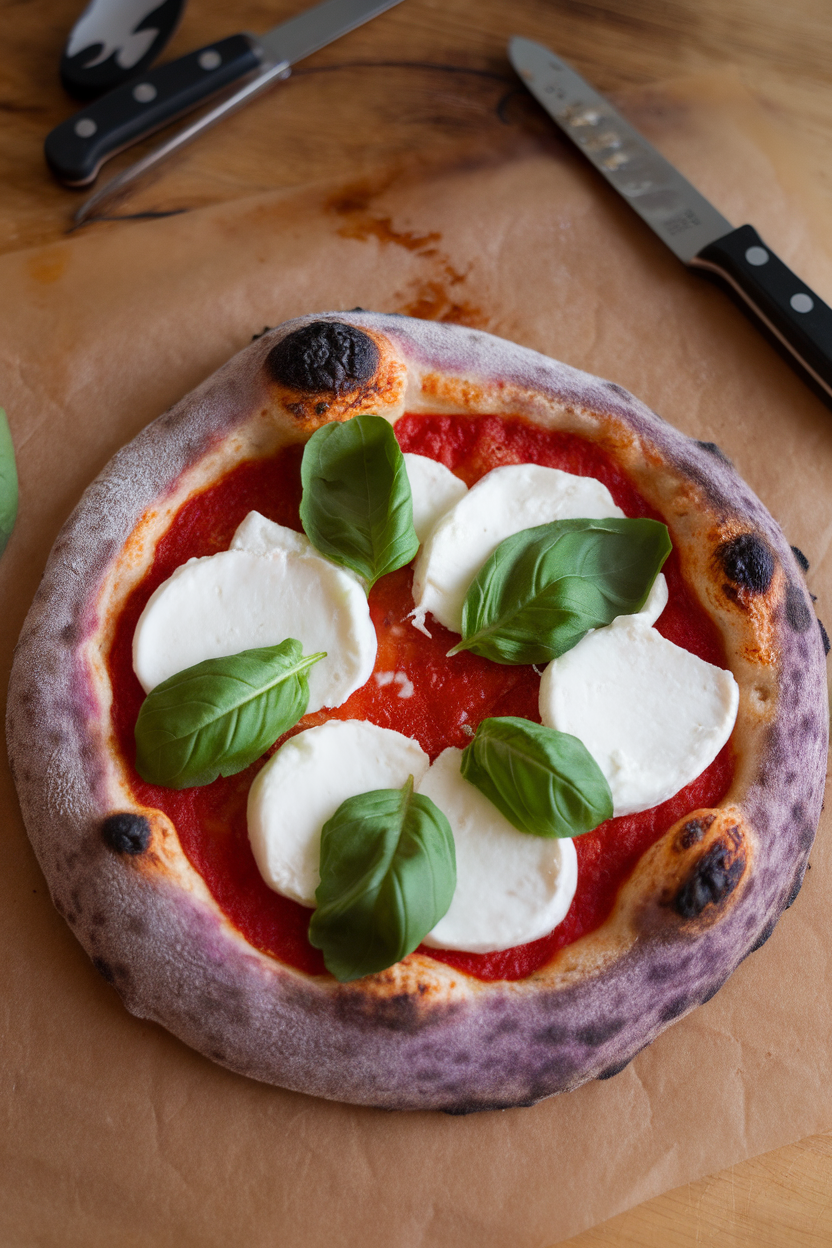 Indoor close-up of a purple-gray blue-corn pizza crust topped with fresh mozzarella and basil leaves. Photo only, no text or logos.
