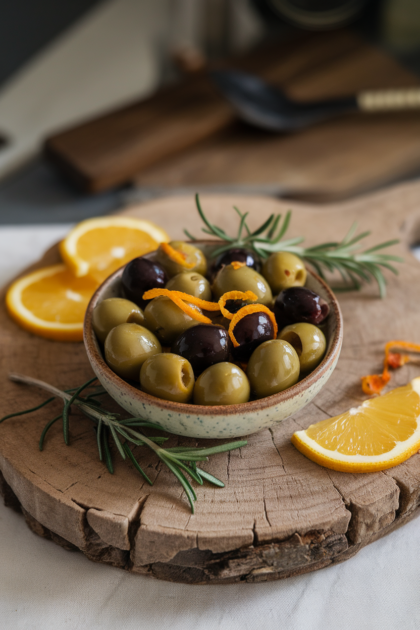 A rustic indoor wooden board holding a small bowl of glossy green and black olives marinated with orange zest, rosemary sprigs, and chili flakes. No text or logos. Photo, not illustration.