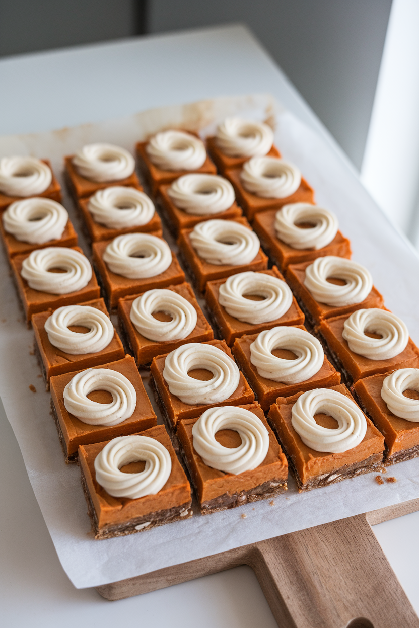 An indoor cutting board displaying neatly sliced sweet potato pie bars with a pecan-oat crust and a swirl of coconut cream on top of each square. No text or logos.
