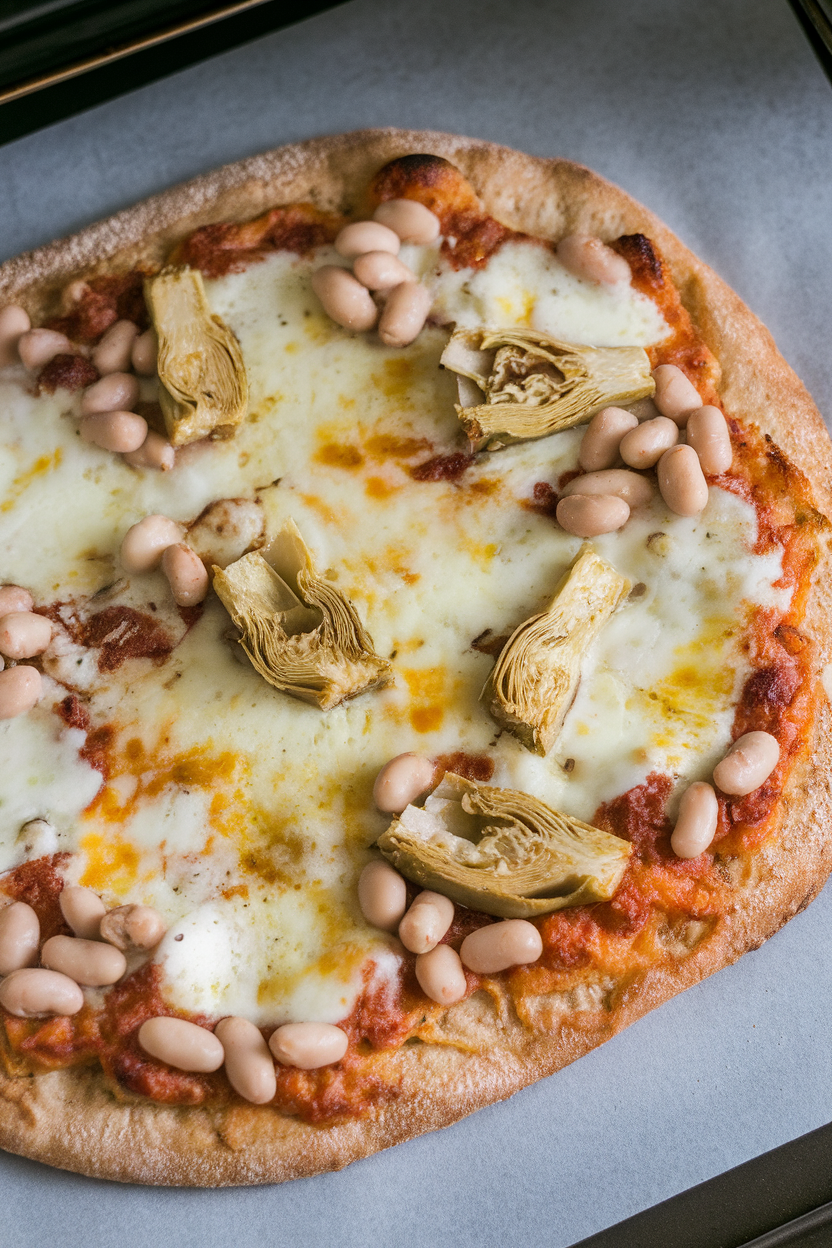 An indoor oven-side photo of a baked whole-wheat flatbread topped with artichoke hearts, white beans, and melted mozzarella, no text or logos.