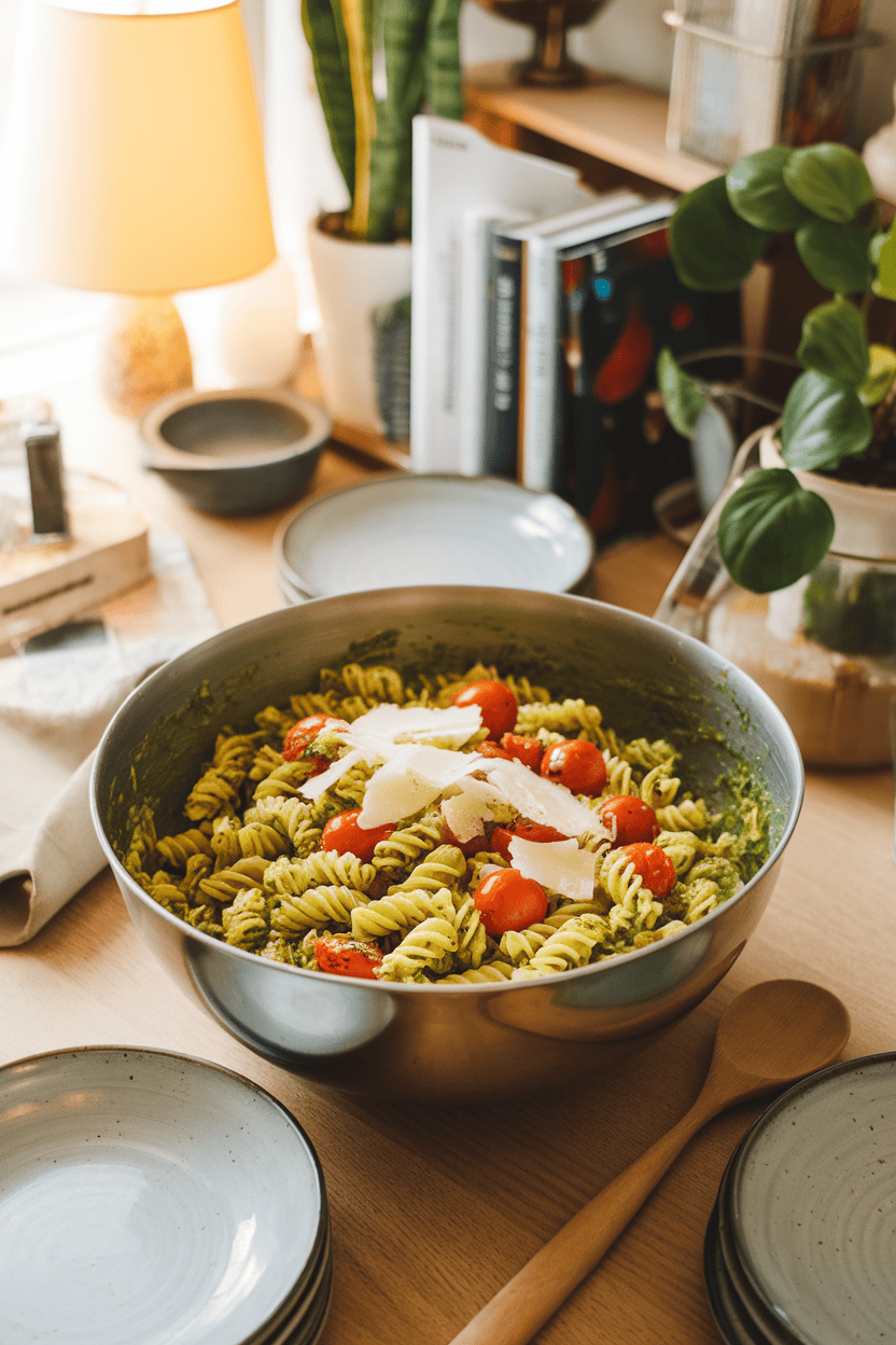 An indoor dining table with a large mixing bowl of fusilli tossed in bright green pesto, cherry tomatoes, and shaved Parmesan. No text or logos; photo.