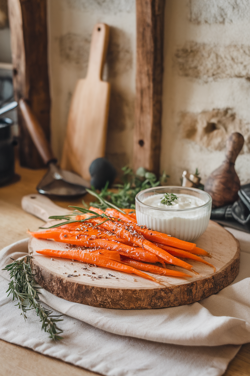 Indoor serving board with roasted carrot sticks drizzled in hot honey, sprinkled with sesame seeds, and served with a yogurt dip. No text or logos. Photo only.