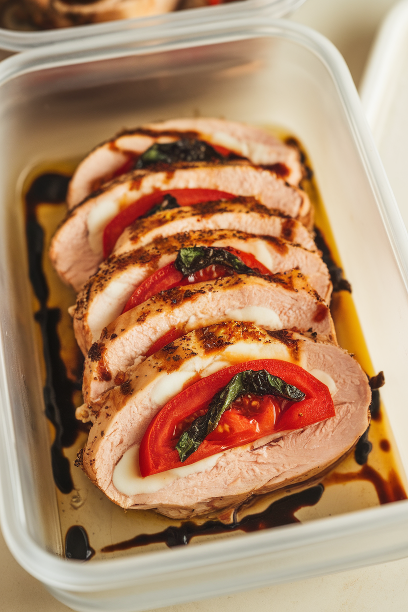 An indoor photo of sliced chicken breasts stuffed with melted mozzarella, tomato, and basil, arranged in a meal-prep box with balsamic drizzle on the side. Warm, even lighting, logo-free.
