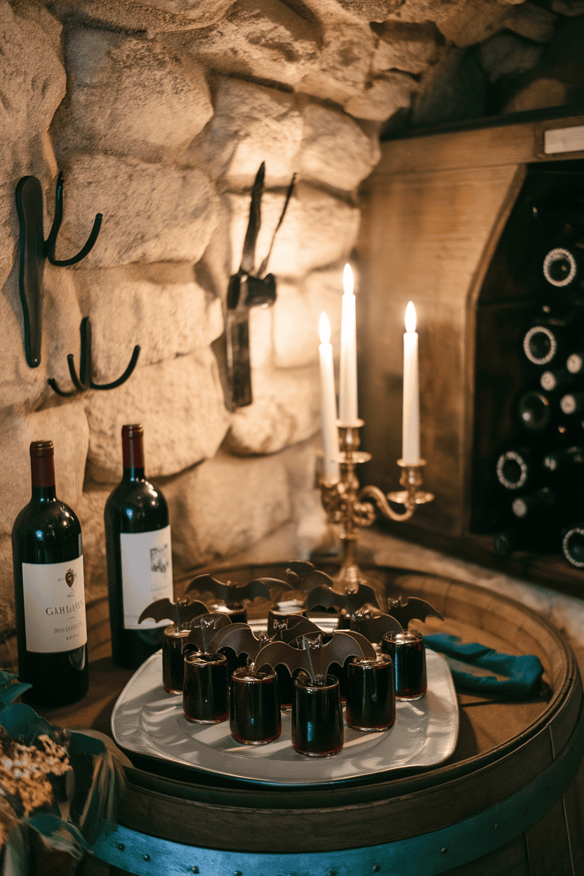 Indoor wine-cellar table with deep burgundy Blackberry-Cabernet jello shots topped with a small chocolate bat wing, no text or logos