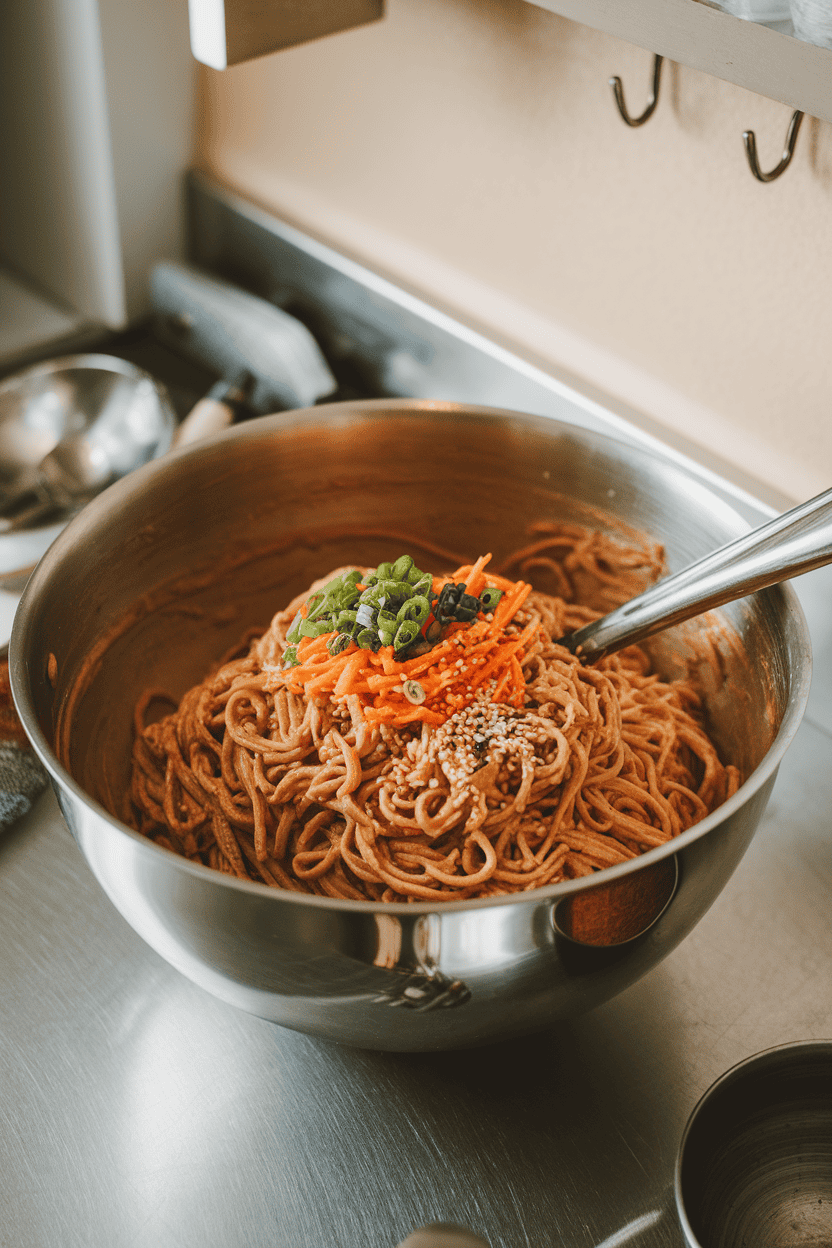 A photo of a mixing bowl on an indoor counter filled with cooked whole-wheat noodles tossed in creamy peanut sauce, garnished with shredded carrots and sesame seeds. No text or logos.