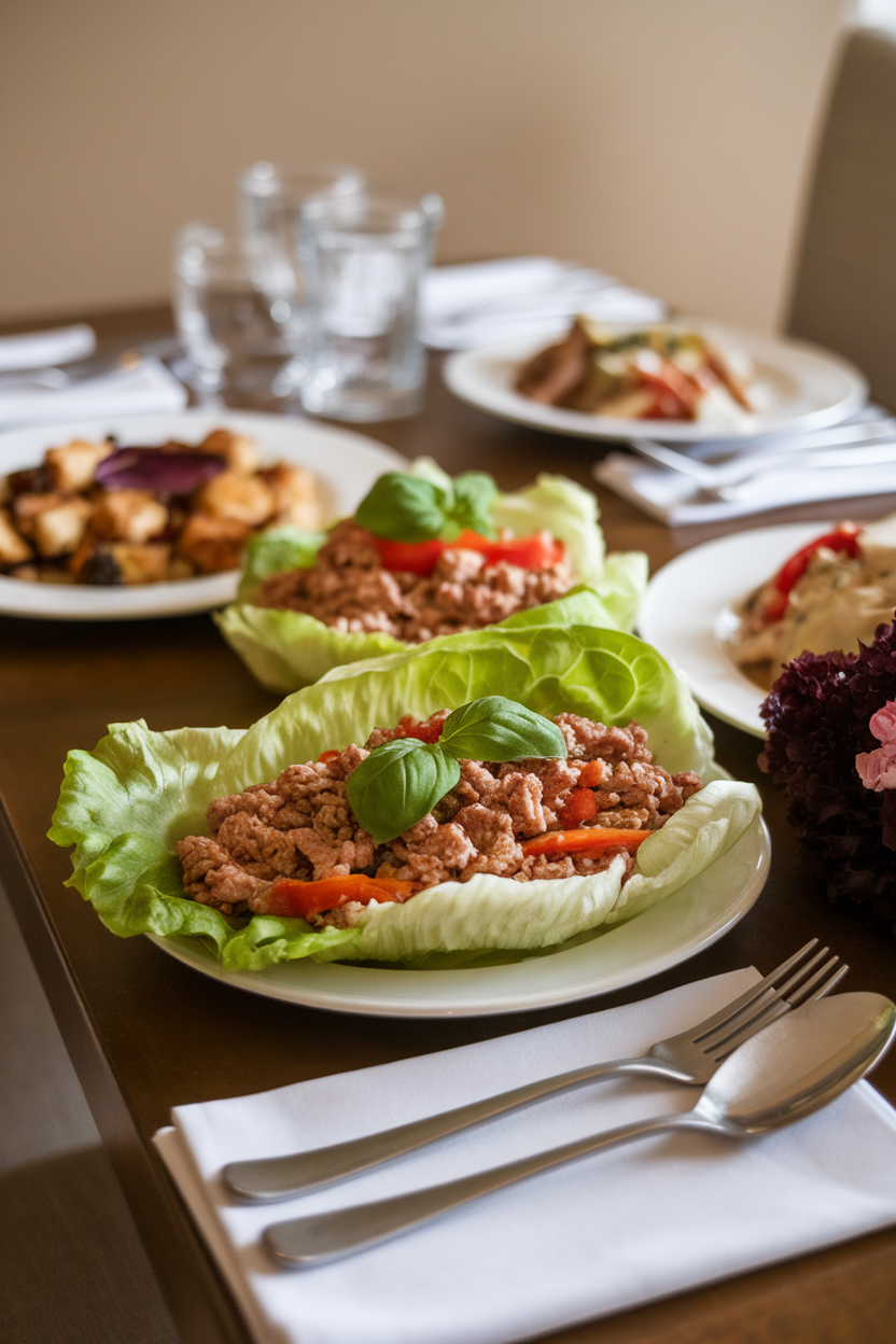 An indoor dinner table featuring crisp lettuce leaves filled with seasoned ground turkey, basil, and red bell pepper. No text or logos, photo style.