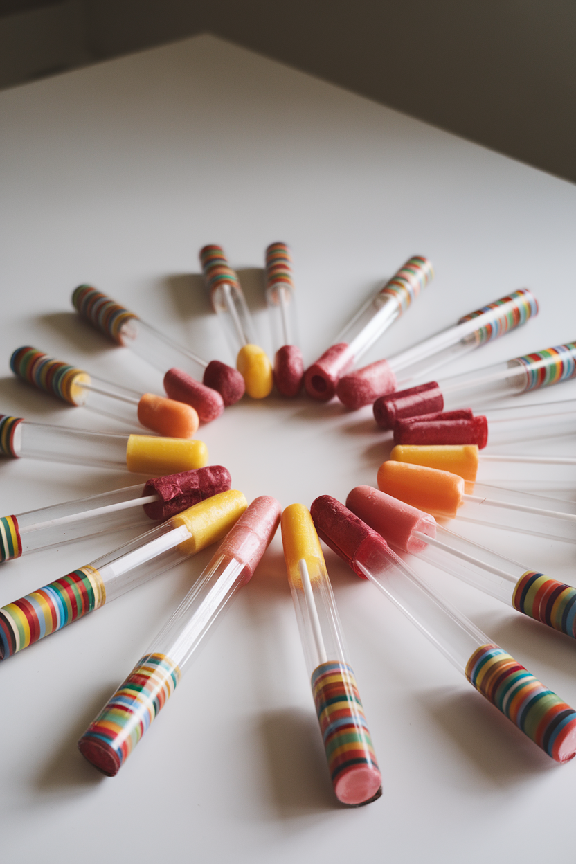 Photo of indoor white surface with cylindrical fruit lollipops partially extended from clear plastic tubes, no text