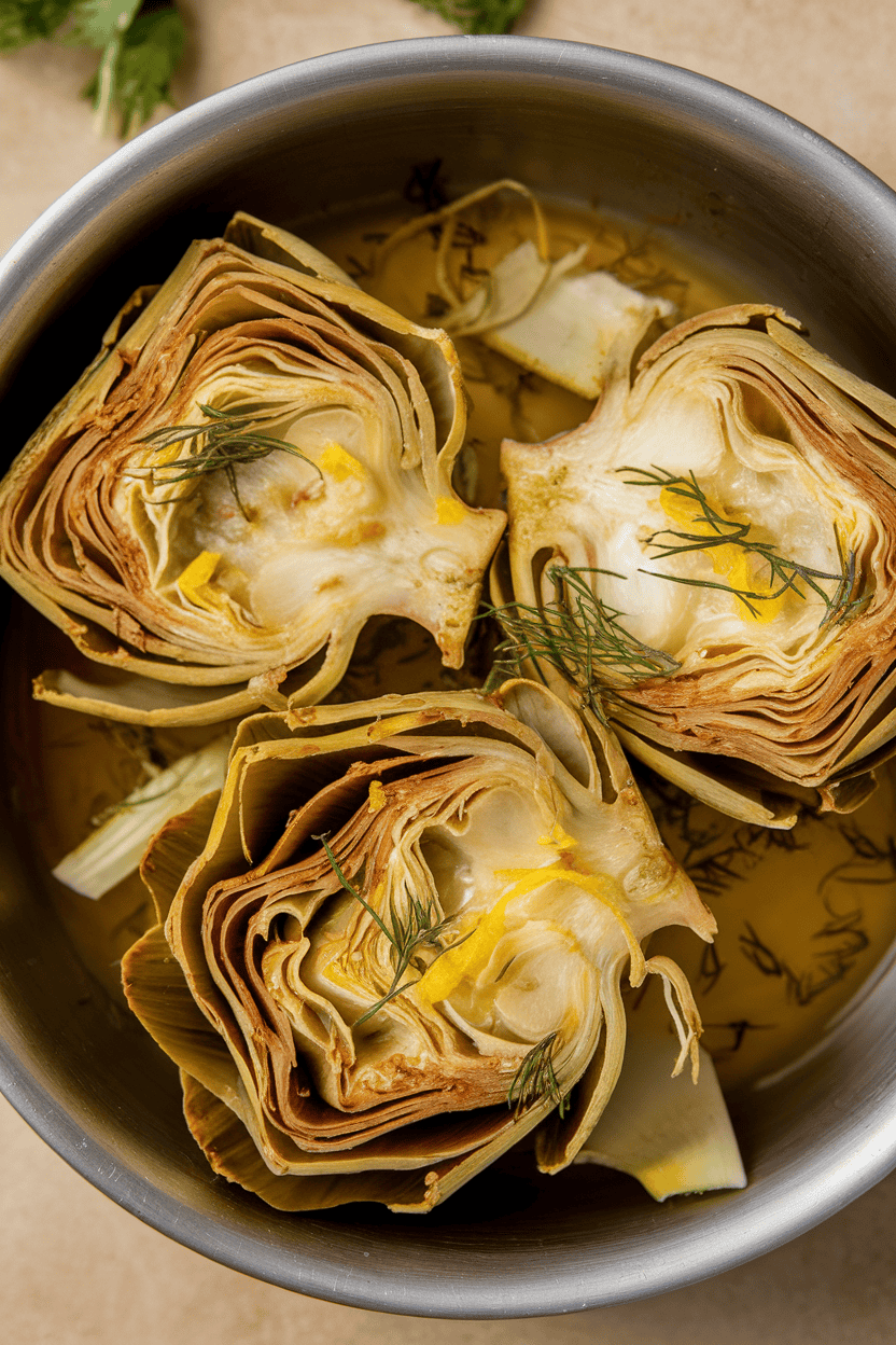 Indoor photo of quartered artichoke hearts with flecks of dill and lemon zest in a shallow dish. No logos.