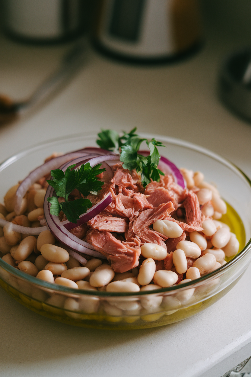 An indoor countertop photo of a shallow dish containing cannellini beans, flaked tuna, red onion, parsley, and olive oil, no text or logos.