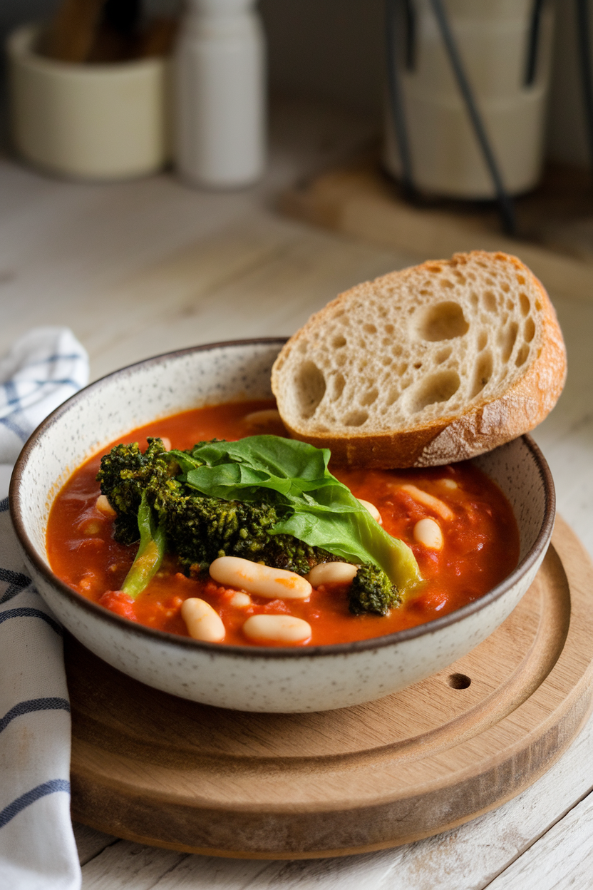 Photo of a rustic indoor bowl of tomato-based stew with white beans and bright green broccoli rabe leaves; no text or logos.