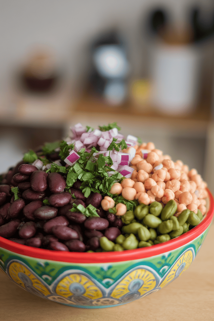 Indoor photo of a colorful bowl with kidney beans, garbanzo beans, and green beans mixed with chopped parsley and red onion, no text or logos.