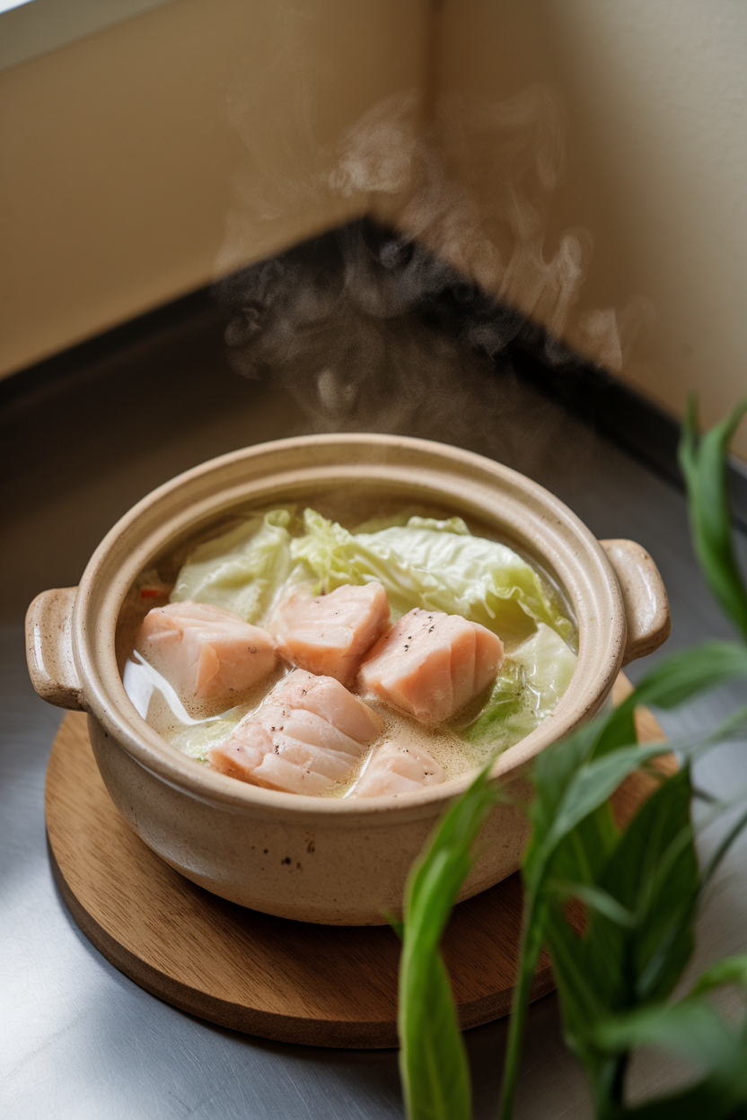 Indoor photo of a small clay pot filled with cod chunks, napa cabbage, and creamy miso broth, steam curling up. No text or logos.