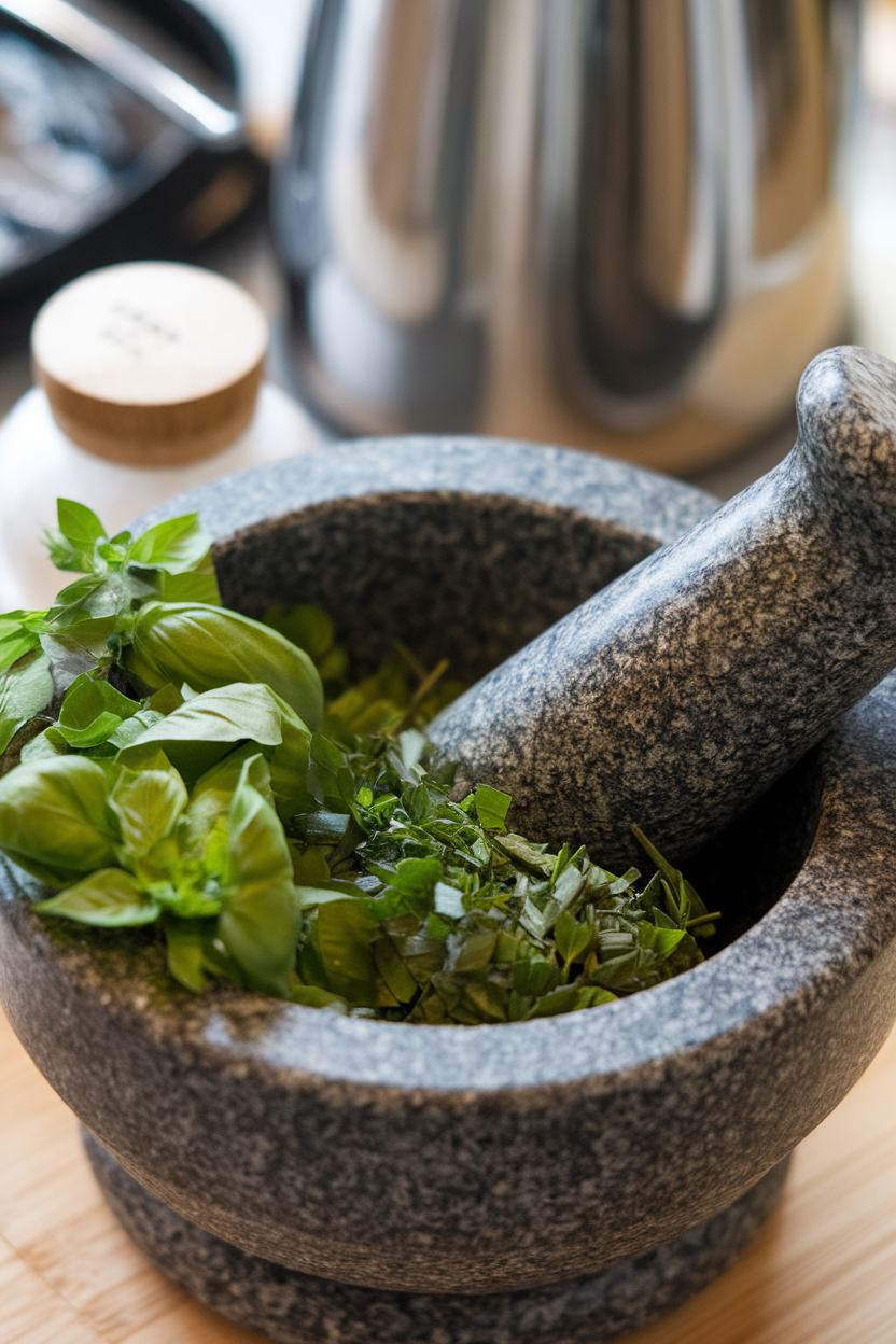 Indoor photo of a mortar and pestle filled with chopped basil, parsley, and oregano beside a small salt cellar; no text or logos