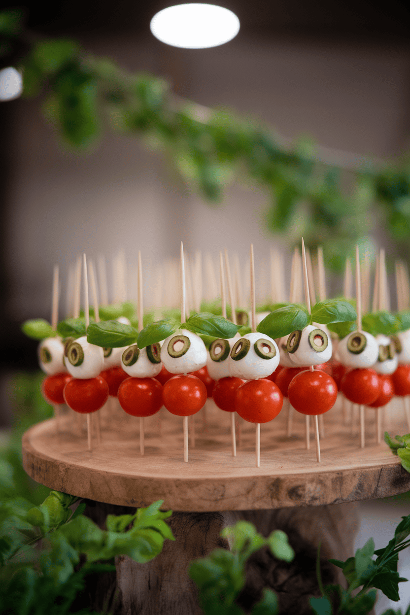 Indoor photo of toothpick skewers with cherry tomatoes, basil, and mozzarella balls painted with olive-slice pupils. Soft overhead light, no text or logos.