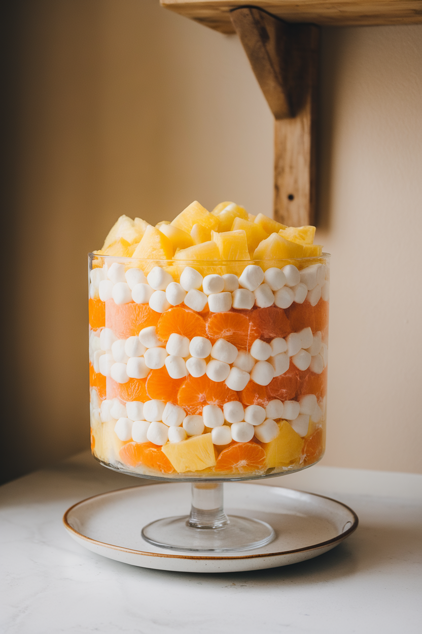 A tiered glass trifle dish indoors layered with pineapple chunks, mandarin segments, and mini marshmallows, creating candy-corn stripes. No text or logos.