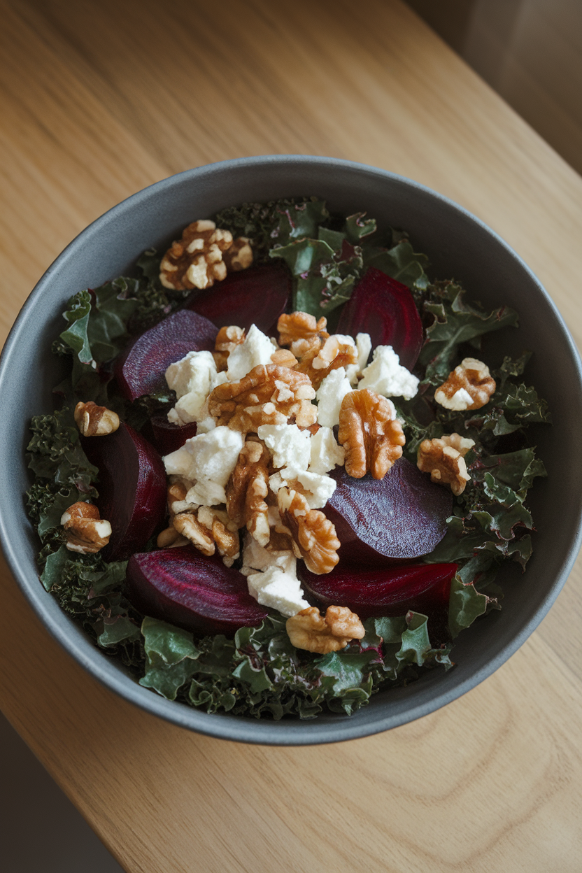 A wide bowl indoors featuring dark green kale ribbons, jewel-tone beet wedges, goat cheese crumbles, and walnuts; no text or logos. Photo only.