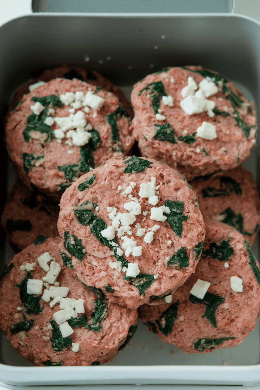 Indoor photo of turkey burger patties with visible green spinach flecks and feta crumbles, stacked in a container. No text or logos.