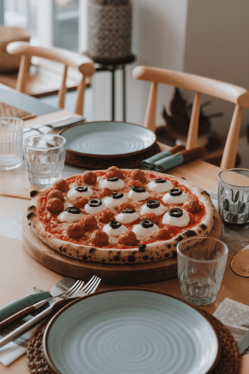 Indoor family table with a pizza dotted by mini meatballs topped with melted mozzarella rounds and olive pupils, resembling eyeballs. No text or logos.