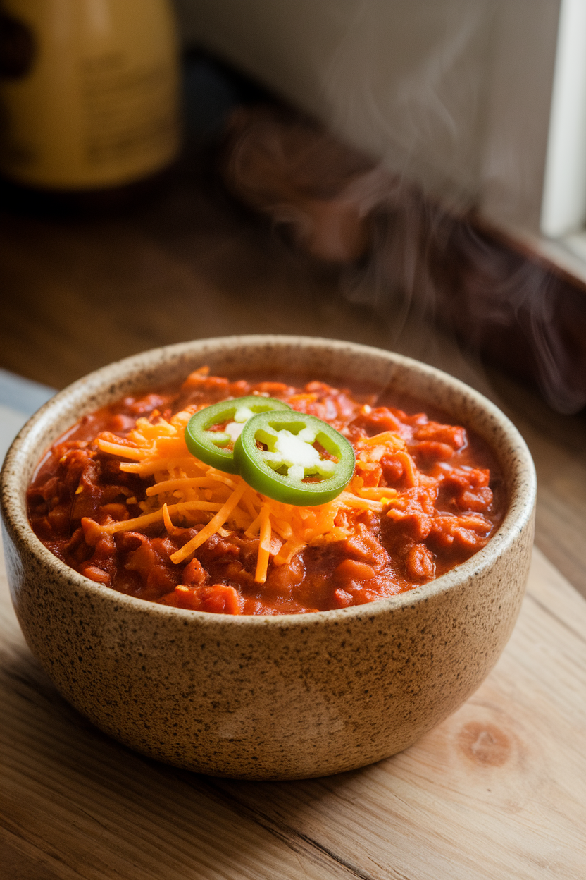 Indoor photo of a stoneware bowl with chunky venison chili, topped with shredded cheese and jalapeño slices, steam visible, no text or logos. Photo only.