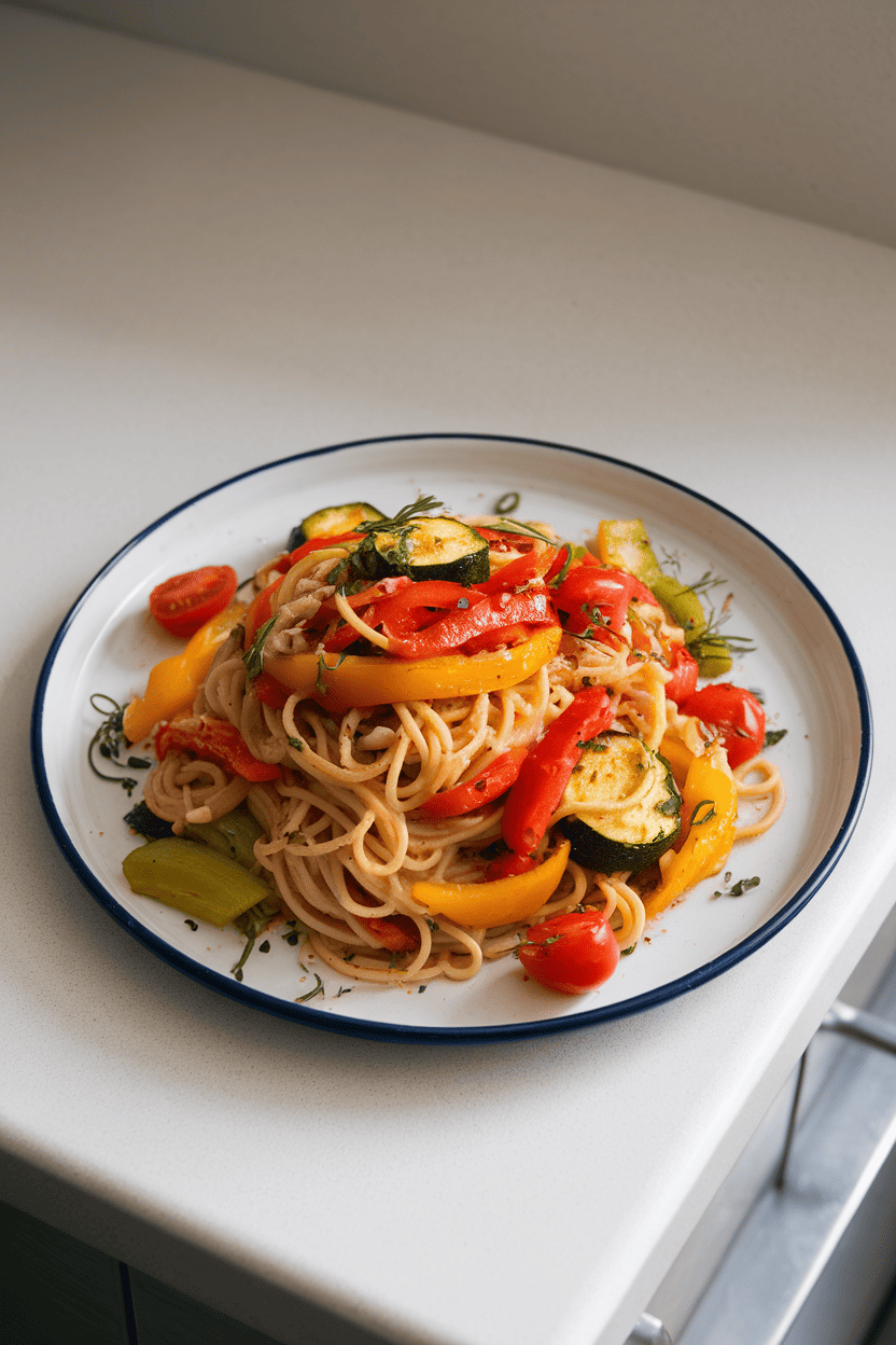 An indoor countertop plate of gluten-free spaghetti tossed with colorful sautéed vegetables and herbs—no logos or text visible. Photo only.