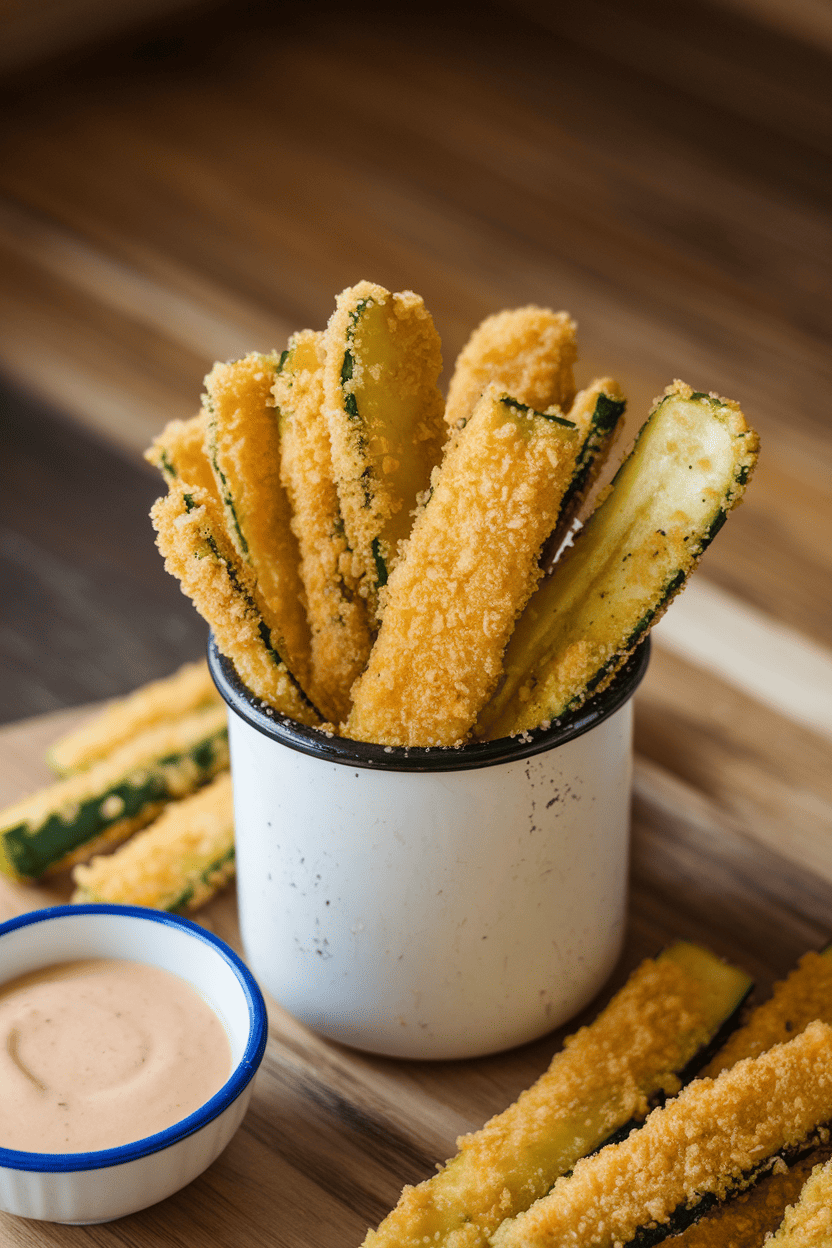 Indoor photo of zucchini sticks coated in golden Parmesan crumb, arranged in a small enamel cup with dipping sauce on the side. No branding visible.