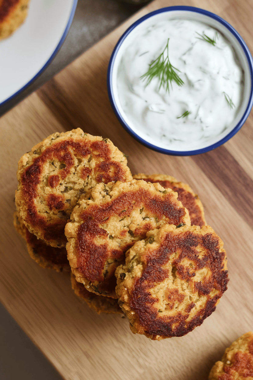 Indoor photo of crisp falafel patties stacked next to a small bowl of tzatziki on a wooden board. Overhead shot, no text or logos.