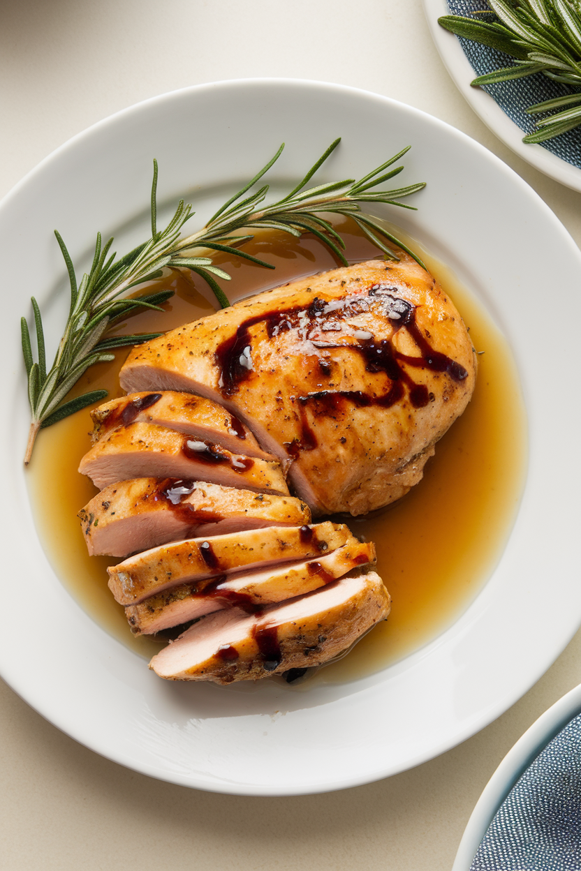 Indoor plate featuring balsamic-glazed chicken breast, sliced and fanned out, glaze pooled underneath, rosemary garnish. No text or logos. Photo.