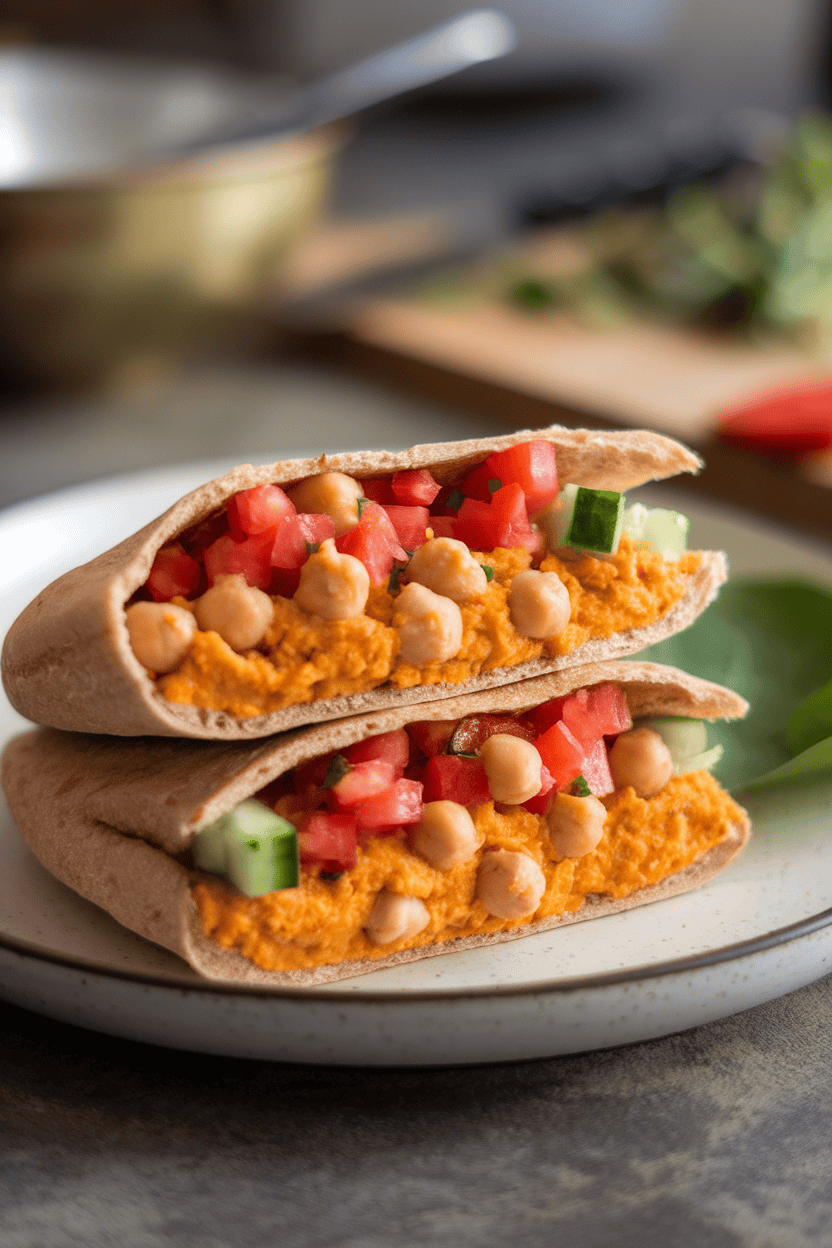 Indoor photo of a split whole-wheat pita stuffed with mashed chickpeas, diced cucumber, and tomato, no text or logos.